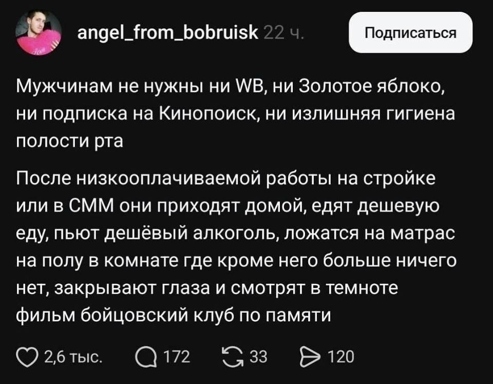Мужчинам не нужны ни WB, ни Золотое яблоко, ни подписка на Кинопоиск, ни излишняя гигиена полости рта.
После низкооплачиваемой работы на стройке или в СММ они приходят домой, едят дешевую еду, пьют дешёвый алкоголь, ложатся на матрас на полу в комнате где кроме него больше ничего нет, закрывают глаза и смотрят в темноте фильм бойцовский клуб по памяти.