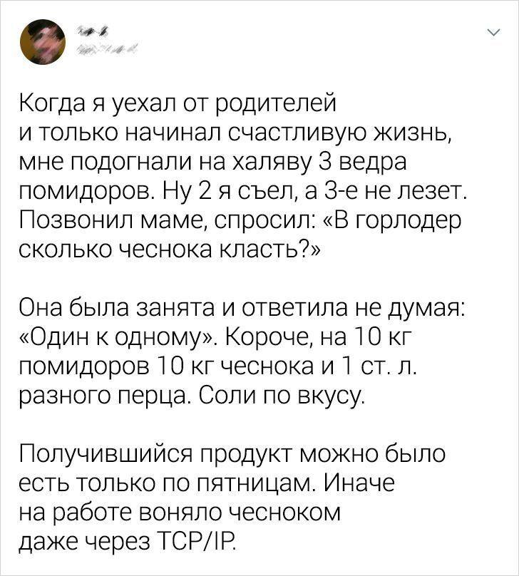 Когда я уехал от родителей и только начинал счастливую жизнь, мне подогнали на халяву 3 ведра помидоров. Ну 2 я съел, а З-е не лезет. Позвонил маме, спросил: «В горлодер сколько чеснока класть?».
Она была занята и ответила не думая: «Один к одному».
Короче, на 10 кг помидоров 10 кг чеснока и 1 ст. л. разного перца. Соли по вкусу. Получившийся продукт можно было есть только по пятницам. Иначе на работе воняло чесноком даже через TCP/IP.