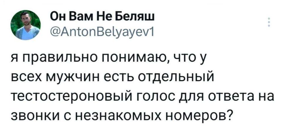 Я правильно понимаю, что у всех мужчин есть отдельный тестостероновый голос для ответа на звонки с незнакомых номеров?