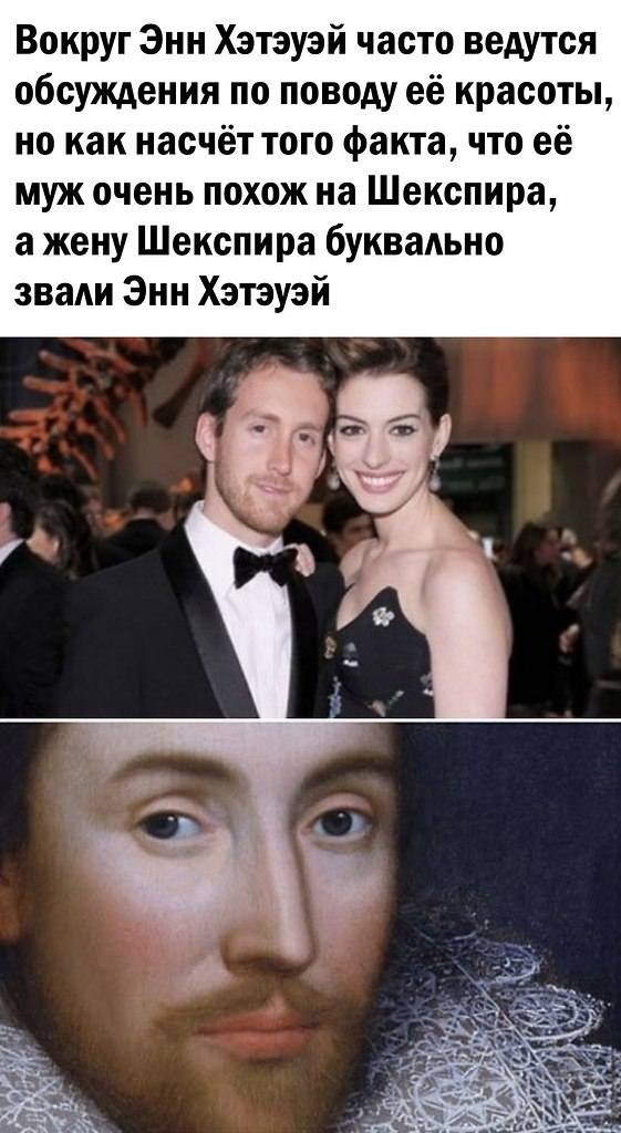 Вокруг Энн Хэтэуэй часто ведутся обсуждения по поводу её красоты, но как насчёт того факта, что её муж очень похож на Шекспира, а жену Шекспира буквально звали Энн Хэтэуэй.