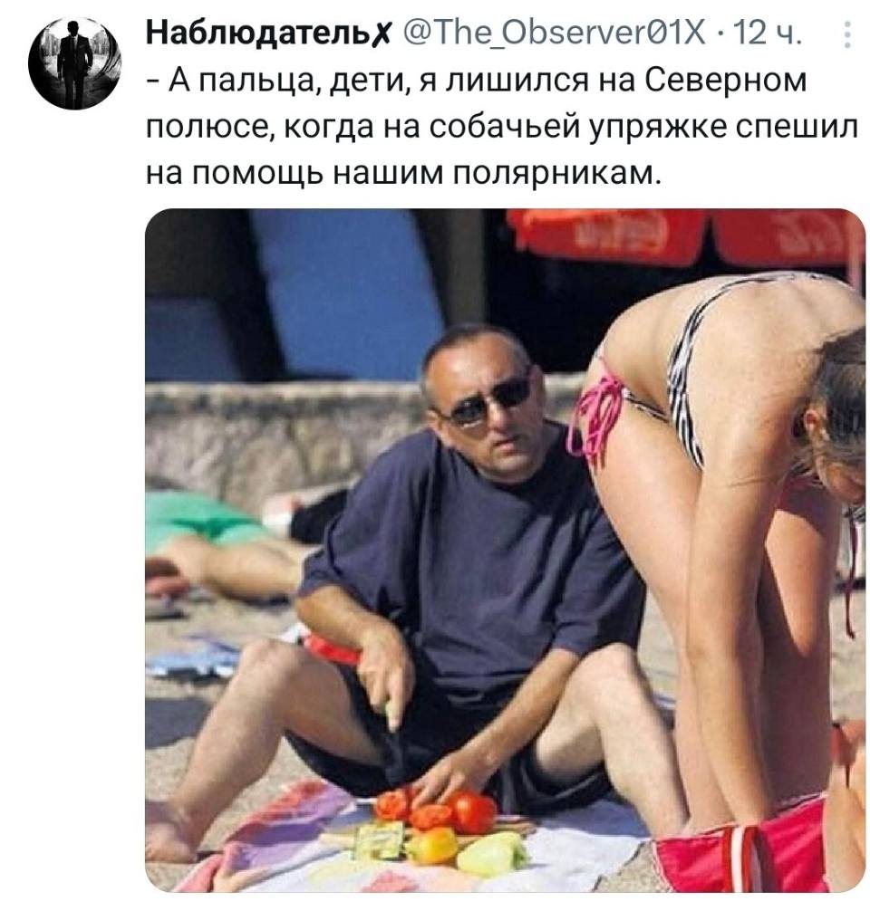 – А пальца, дети, я лишился на Северном полюсе, когда на собачьей упряжке спешил на помощь нашим полярникам.