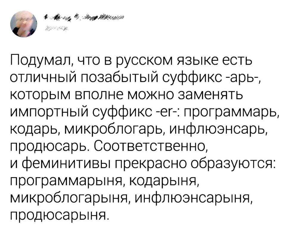 Подумал, что в русском языке есть отличный позабытый суффикс -арь-, которым вполне можно заменять импортный суффикс -ег-: программарь, кодарь, микроблогарь, инфлюэнсарь, продюсарь. Соответственно, и феминитивы прекрасно образуются: программарыня, кодарыня, микроблогарыня, инфлюэнсарыня, продюсарыня.