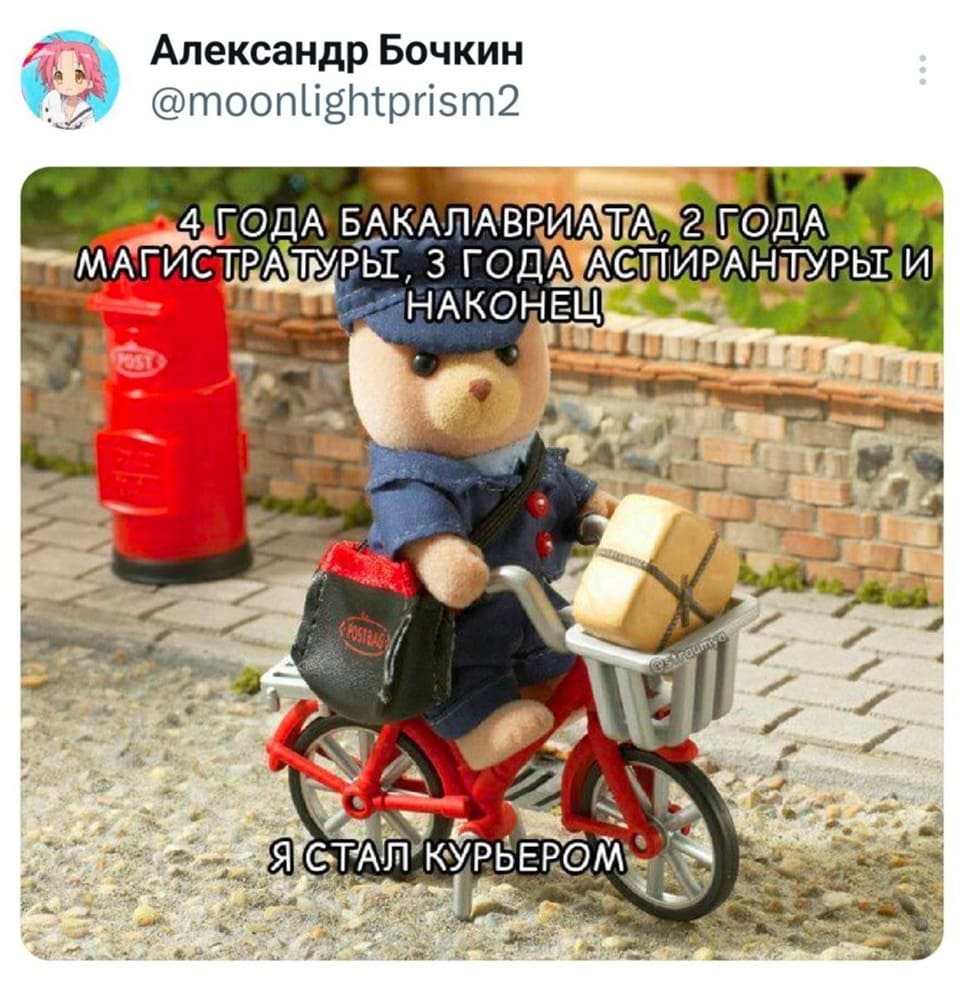 4 года бакалавриата, 2 года магистратуры, 3 года аспирантуры и наконец я стал курьером...