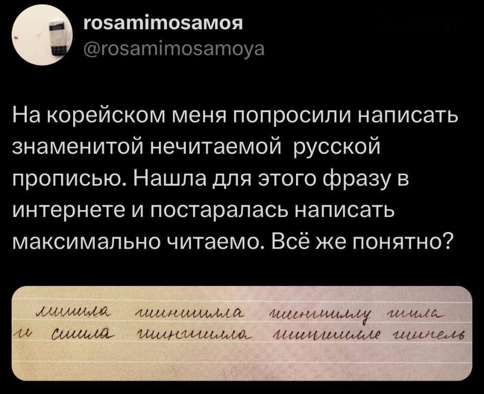 На корейском меня попросили написать знаменитой нечитаемой русской прописью. Нашла для этого фразу в интернете и постаралась написать максимально читаемо. Всё же понятно?
Лишила шиншилла шиншиллу шила
И сшила шиншилла шиншилле шинель
