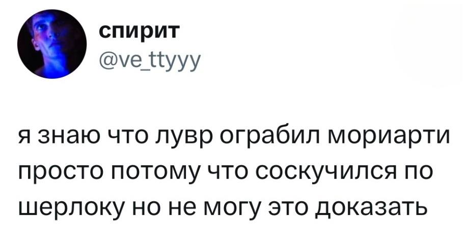 Я знаю, что Лувр ограбил Мориарти, просто потому, что соскучился по Шерлоку, но не могу это доказать.