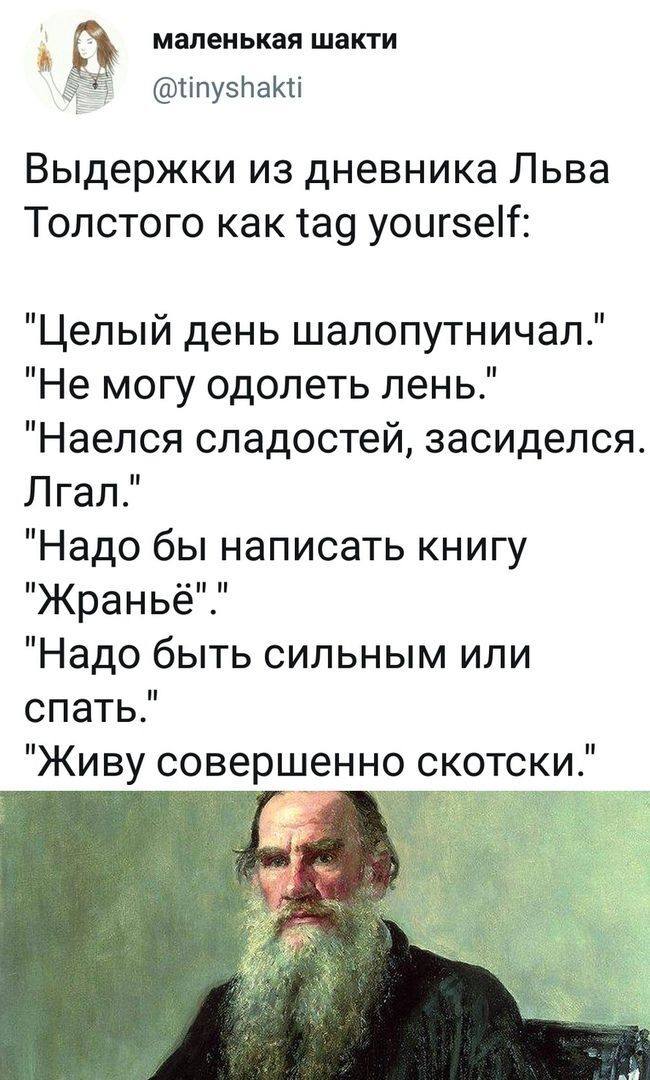 Выдержки из дневника Льва Толстого как tag yourself:
«Целый день шалопутничал.»
«Не могу одолеть лень.»
«Наелся сладостей, засиделся. Лгал.»
«Надо бы написать книгу Жраньё»
«Надо быть сильным или спать.»
«Живу совершенно скотски.»