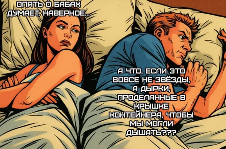 – Опять о бабах думает...
– А что, если это вовсе не звёзды, а дырки, проделанные в крышке контейнера, чтобы мы могли дышать?