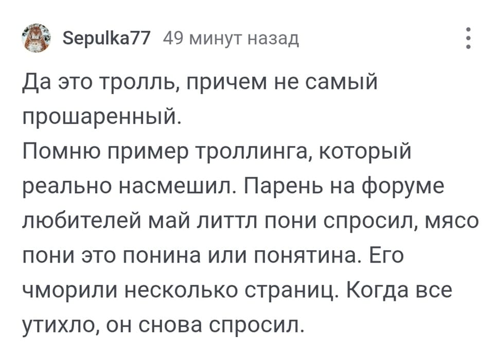 Да это тролль, причём не самый прошаренный. Помню пример троллинга, который реально насмешил. Парень на форуме любителей май литтл пони спросил, мясо пони это понина или понятина. Его чморили несколько страниц. Когда все утихло, он снова спросил.