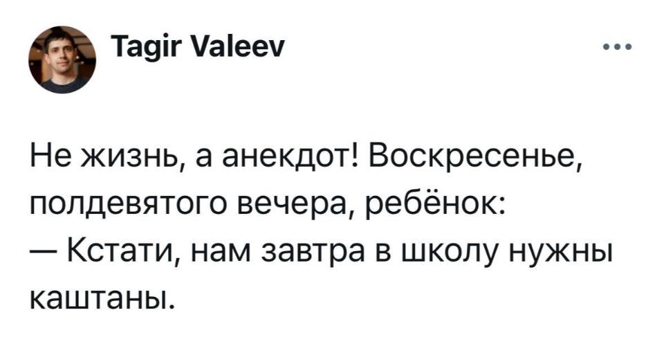 Не жизнь, а анекдот! Воскресенье, полдевятого вечера, ребёнок:
— Кстати, нам завтра в школу нужны каштаны.