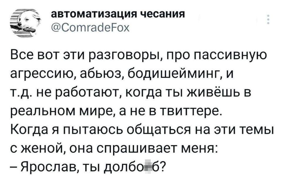 Все вот эти разговоры, про пассивную агрессию, абьюз, бодишейминг, и т.д. не работают, когда ты живёшь в реальном мире, а не в твиттере.
Когда я пытаюсь общаться на эти темы с женой, она спрашивает меня:
– Ярослав, ты долбооб?