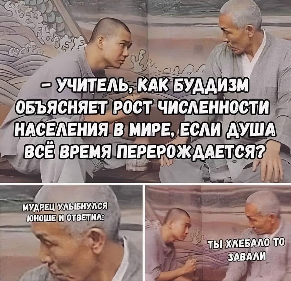 – Учитель, как Буддизм объясняет рост численности населения в мире, если душа всё время перерождается?
Мудрец улыбнулся юноше и ответил:
– Ты хлебало-то завали...