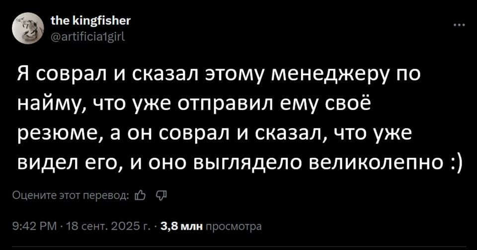 Я соврал и сказал этому менеджеру по найму, что уже отправил ему своё резюме, а он соврал и сказал, что уже видел его, и оно выглядело великолепно.