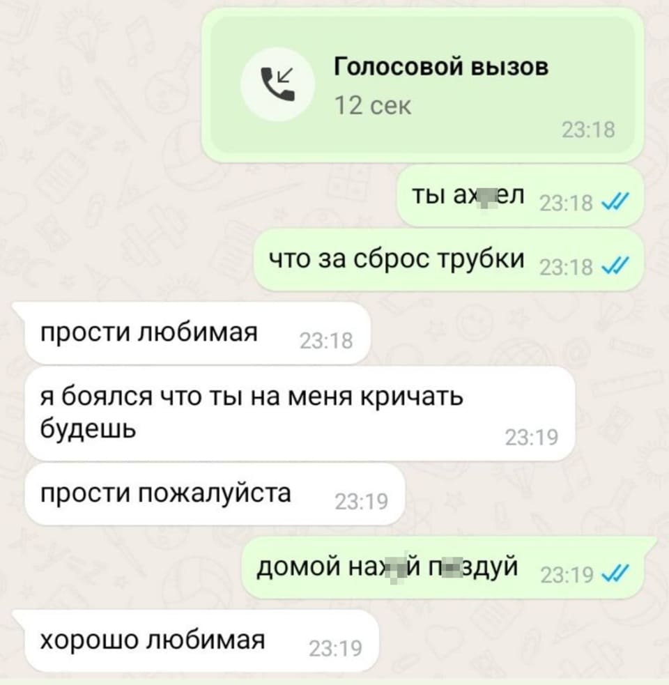 *Неотвеченный Голосовой вызов* <br /> – Ты ах*ел? Что за сброс трубки?! <br /> – Прости любимая. Я боялся что ты на меня кричать будешь. Прости пожалуйста. <br /> – Домой нах*й п*здуй. <br /> – Хорошо любимая.