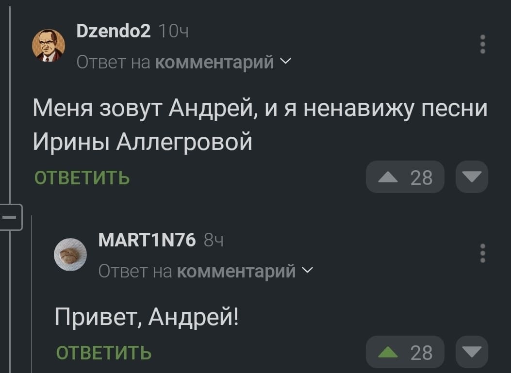 – Меня зовут Андрей, и я ненавижу песни Ирины Аллегровой.
– Привет, Андрей!