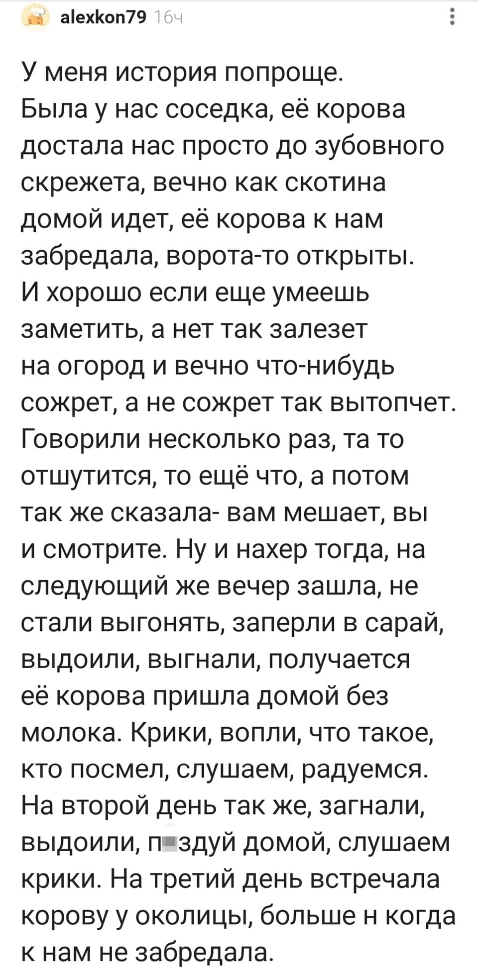 У меня история попроще. Была у нас соседка, её корова достала нас просто до зубовного скрежета, вечно как скотина домой идёт, её корова к нам забредала, ворота-то открыты. И хорошо если ещё умеешь заметить, а нет так залезет на огород и вечно что-нибудь сожрёт, а не сожрёт так вытопчет. Говорили несколько раз, та то отшутится, то ещё что, а потом так же сказала – вам мешает, вы и смотрите. Ну и нахер тогда, на следующий же вечер зашла, не стали выгонять, заперли в сарай, выдоили, выгнали, получается её корова пришла домой без молока. Крики, вопли, что такое, кто посмел, слушаем, радуемся. На второй день так же, загнали, выдоили, пздуй домой, слушаем крики. На третий день встречала корову у околицы, больше никогда к нам не забредала.