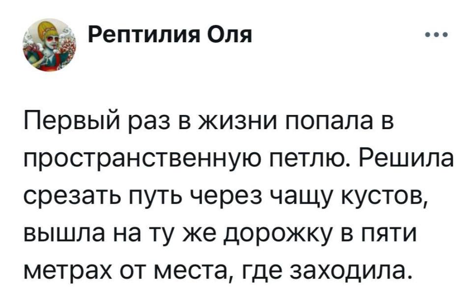 Первый раз в жизни попала в пространственную петлю. Решила срезать путь через чащу кустов, вышла на ту же дорожку в пяти метрах от места, где заходила.