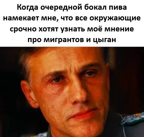 Когда очередной бокал пива намекает мне, что все окружающие срочно хотят узнать моё мнение про мигрантов и цыган.