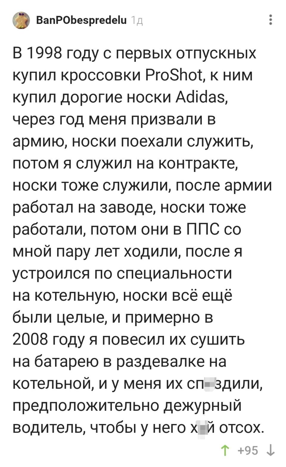 В 1998 году с первых отпускных купил кроссовки ProShot!, к ним купил дорогие носки Adidas, через год меня призвали в армию, носки поехали служить, потом я служил на контракте, носки тоже служили, после армии работал на заводе, носки тоже работали, потом они в ППС со мной пару лет ходили, после я устроился по специальности 
на котельную, носки всё ещё были целые, и примерно в 2008 году я повесил их сушить на батарею в раздевалке на котельной, и у меня их спздили, предположительно дежурный водитель, чтобы у него йух отсох!