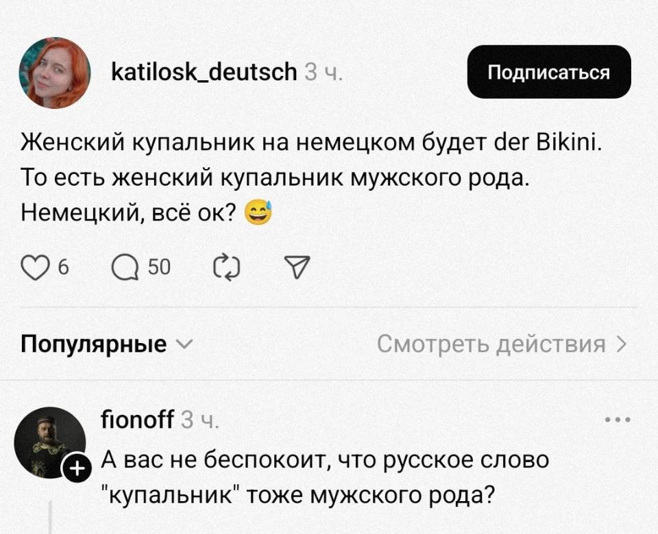 – Женский купальник на немецком будет der Bikini. То есть женский купальник мужского рода. Немецкий, всё ок?
– А вас не беспокоит, что русское слово «купальник» тоже мужского рода?