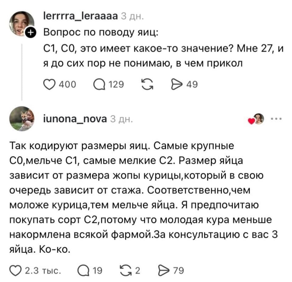 – Вопрос по поводу яиц: С1, СО, это имеет какое-то значение? Мне 27, и я до сих пор не понимаю, в чем прикол.
– Так кодируют размеры яиц. Самые крупные СО, мельче С1, самые мелкие С2. Размер яйца зависит от размера жопы курицы, который в свою очередь зависит от стажа. Соответственно, чем моложе курица, тем мельче яйца. Я предпочитаю покупать сорт С2,потому что молодая кура меньше накормлена всякой фармой. За консультацию с вас З яйца. Ко-ко.