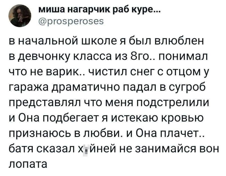 В начальной школе я был влюблен в девчонку класса из 8го.. понимал что не варик.. чистил снег с отцом у гаража драматично падал в сугроб представлял что меня подстрелили и Она подбегает я истекаю кровью признаюсь в любви. и Она плачет.. батя сказал хйней не занимайся вон лопата.
