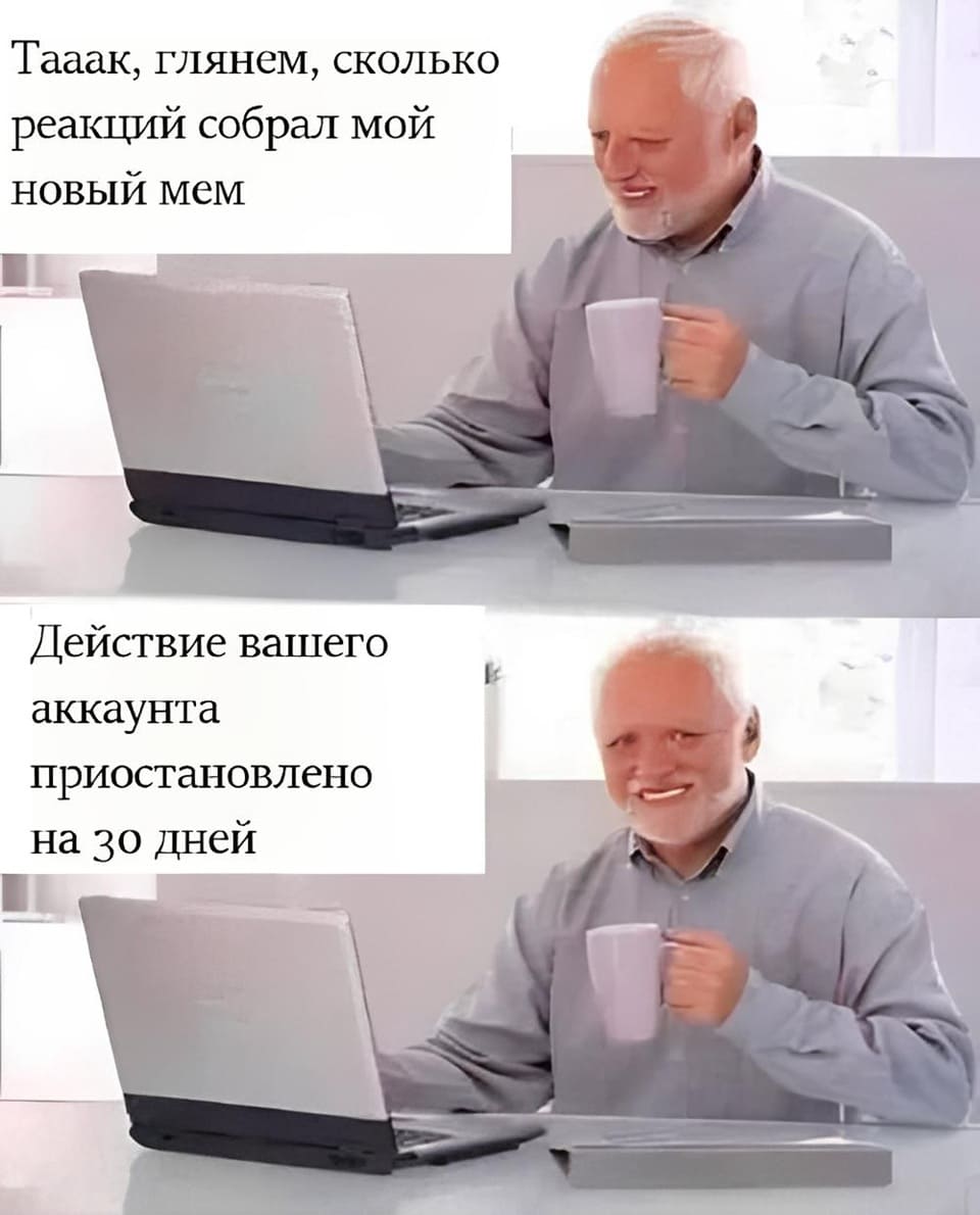 Тааак, глянем, сколько реакций собрал мой новый мем.
*Действие вашего аккаунта приостановлено на 30 дней*