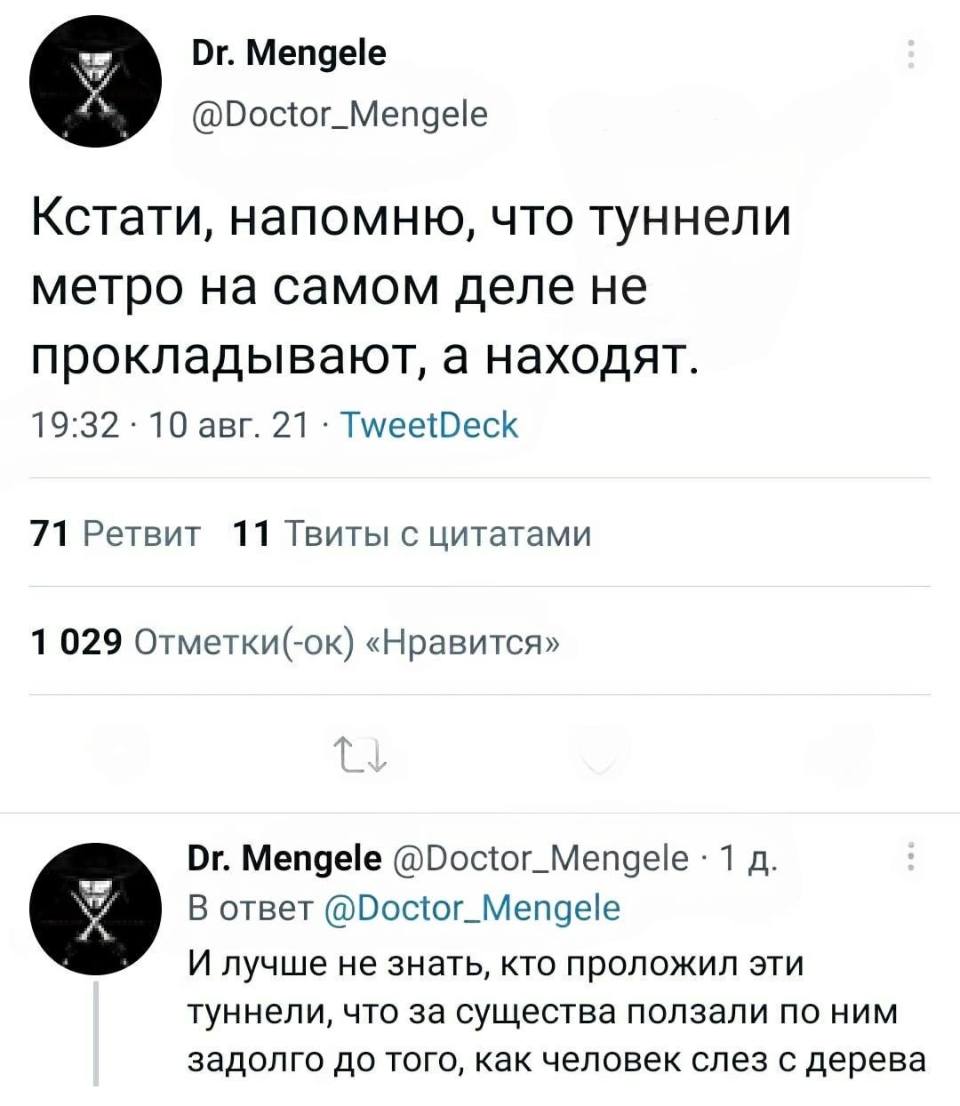 – Кстати‚ напомню, что туннели метро на самом деле не прокладывают, а находят.
– И лучше не знать, кто проложил эти туннели, что за существа ползали по ним задолго до того, как человек слез с дерева.