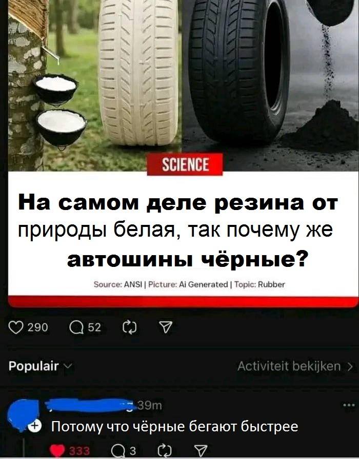 – На самом деле резина от природы белая, так почему же автошины чёрные?
– Потому что чёрные бегают быстрее.
