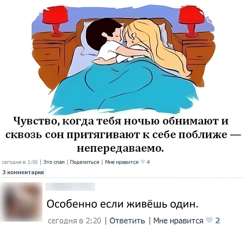 – Чувство, когда тебя ночью обнимают и сквозь сон притягивают к себе поближе — непередаваемо.
– Особенно если живёшь один.