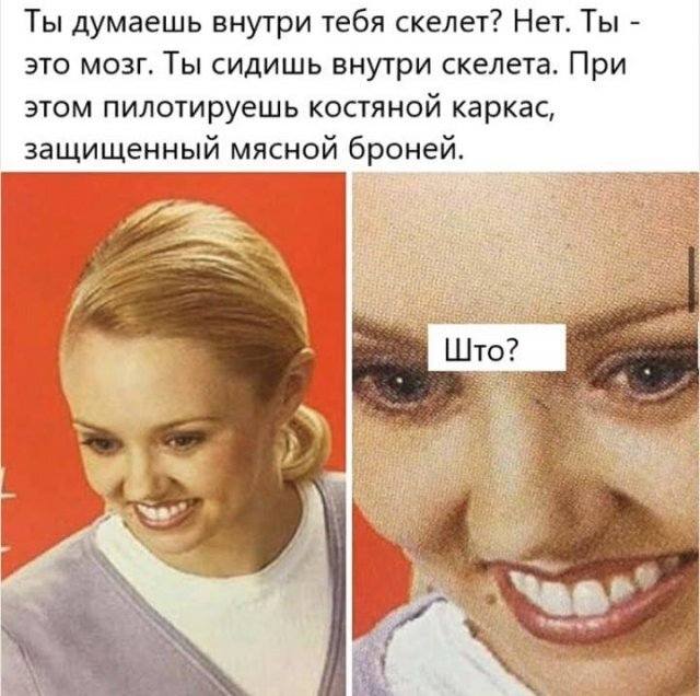 – Ты думаешь внутри тебя скелет? Нет. Ты — это мозг. Ты сидишь внутри скелета. При этом пилотируешь костяной каркас, защищенный мясной броней.
– Што?
