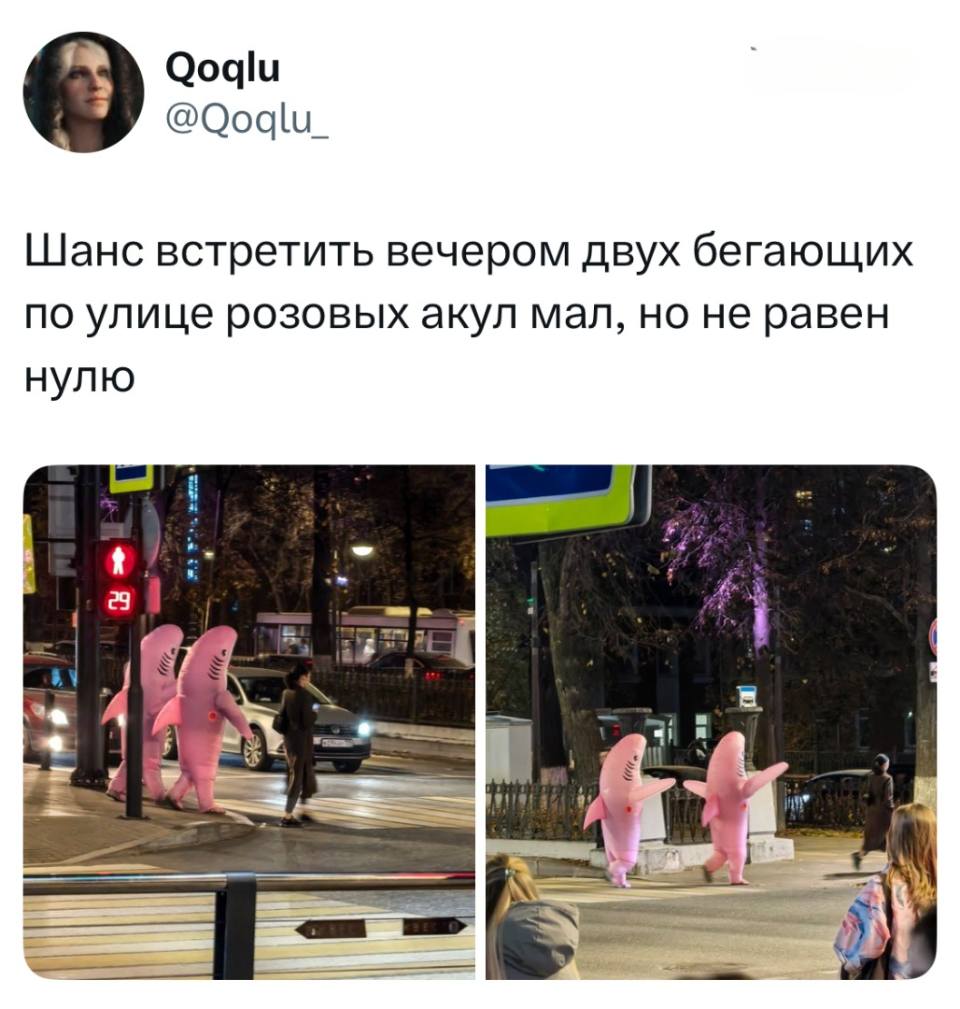 Шанс встретить вечером двух бегающих по улице розовых акул мал, но не равен нулю.