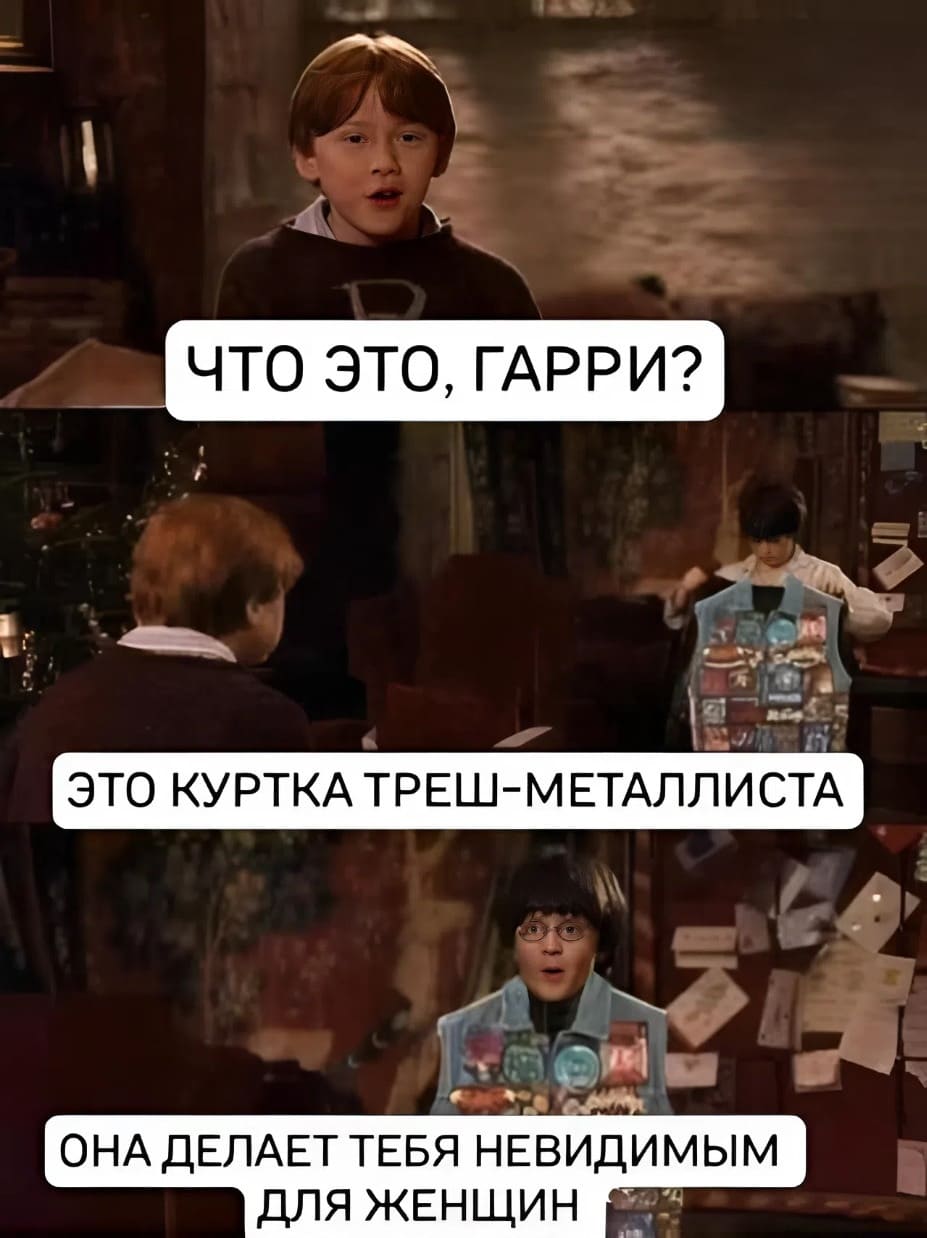 – Что это, Гарри?
– Это куртка треш-металлиста! Она делает тебя невидимым для женщин.
