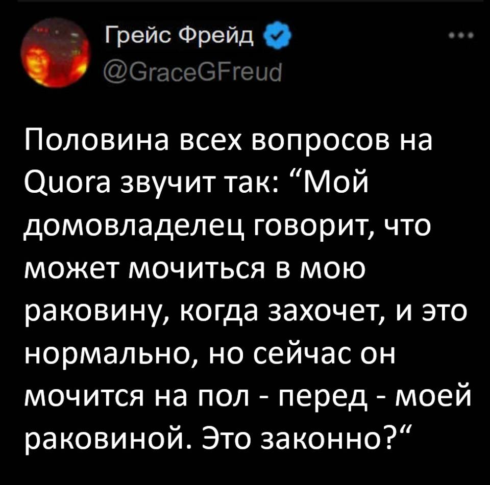 Половина всех вопросов на Quora звучит так: Мой домовладелец говорит, что может мочиться в мою раковину, когда захочет, и это нормально, но сейчас он мочится на пол – перед – моей раковиной. Это законно?