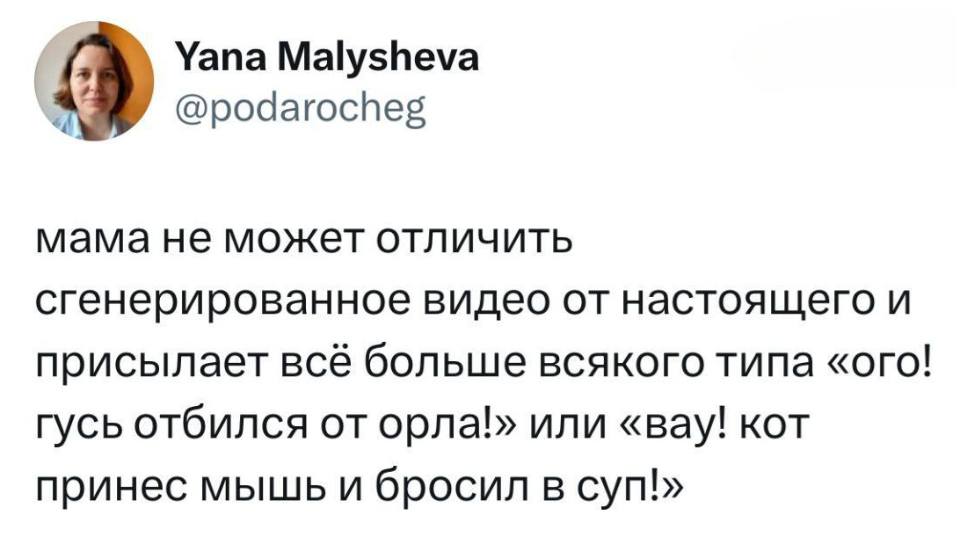 Мама не может отличить сгенерированное видео от настоящего и присылает всё больше всякого типа «ого! гусь отбился от орла!» или «вау! кот принес мышь и бросил в суп!».