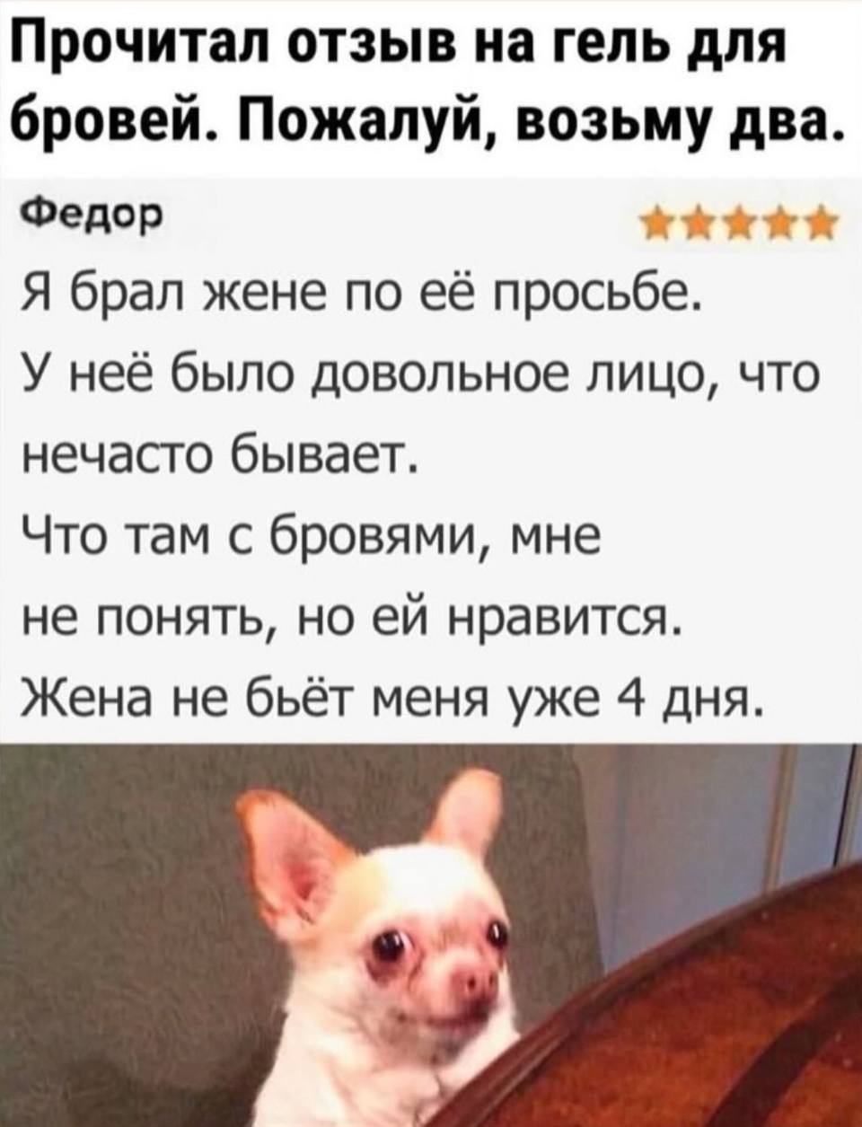 Прочитал отзыв на гель для бровей. Пожалуй, возьму два.
Федор *Пять звёзд*
Я брал жене по её просьбе. У неё было довольное лицо, что нечасто бывает. Что там с бровями, мне не понять, но ей нравится. Жена не бьёт меня уже 4 дня.