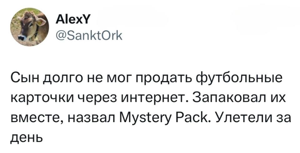 Сын долго не мог продать футбольные карточки через интернет. Запаковал их вместе, назвал Mystery Pack. Улетели за день.