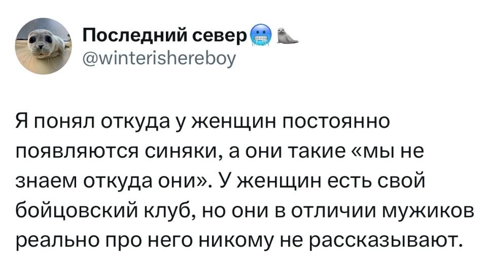 Я понял откуда у женщин постоянно появляются синяки, а они такие «мы не знаем откуда они». У женщин есть свой бойцовский клуб, но они в отличии мужиков реально про него никому не рассказывают.