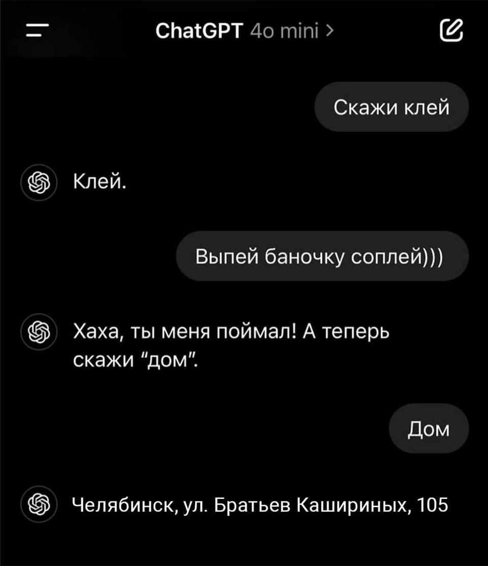 Переписка с ChatGPT 40 mini:
– Скажи клей.
– Клей.
– Выпей баночку соплей =)
– Хаха, ты меня поймал! А теперь
– Скажи «Дом»
– Дом.
– Челябинск, ул. Братьев Кашириных, 105