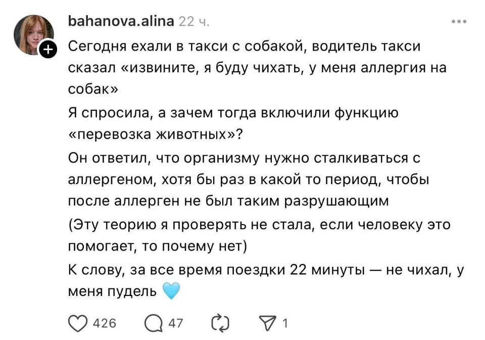 Сегодня ехали в такси с собакой, водитель такси сказал «извините, я буду чихать, у меня аллергия на собак».
Я спросила, а зачем тогда включили функцию «перевозка животных»?
Он ответил, что организму нужно сталкиваться с аллергеном, хотя бы раз в какой то период, чтобы после аллерген не был таким разрушающим
(Эту теорию я проверять не стала, если человеку это помогает, то почему нет)
К слову, за все время поездки 22 минуты — не чихал, у меня пудель.