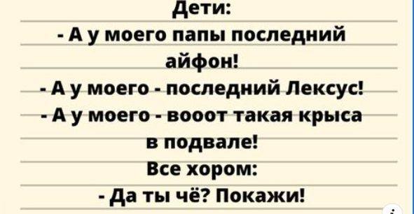 Дети:
– А у моего папы последний айфон!
– А у моего – последний Лексус!
– А у моего – вооот такая крыса в подвале!
Все хором:
– Да ты чё? Покажи!