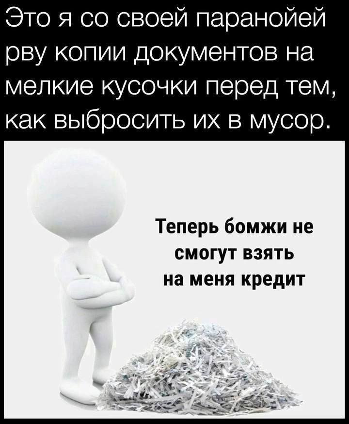 Это я со своей паранойей рву копии документов на мелкие кусочки перед тем, как выбросить их в мусор.
Теперь бомжи не смогут взять на меня кредит.
