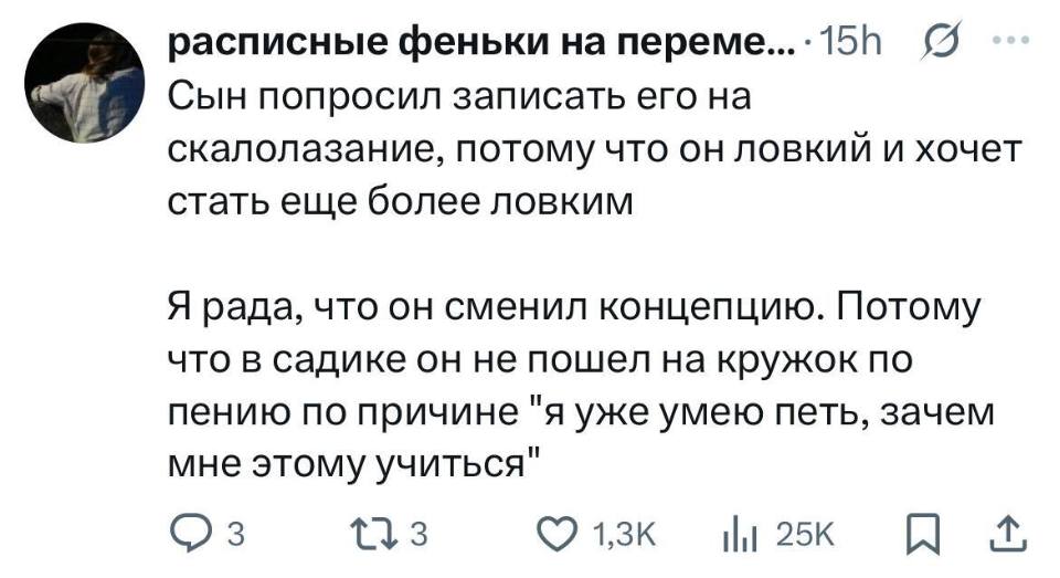 Сын попросил записать его на скалолазание, потому что он ловкий и хочет стать ещё более ловким.
Я рада, что он сменил концепцию. Потому что в садике он не пошёл на кружок по пению по причине «я уже умею петь, зачем мне этому учиться».