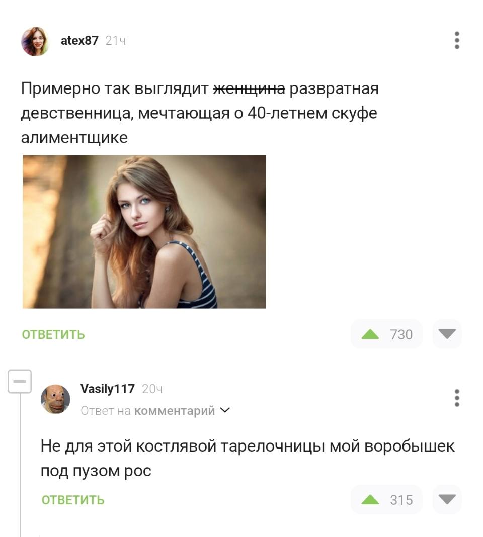 – Примерно так выглядит женщина развратная девственница, мечтающая о 40-летнем скуфе алиментщике
– Не для этой костлявой тарелочницы мой воробышек под пузом рос.