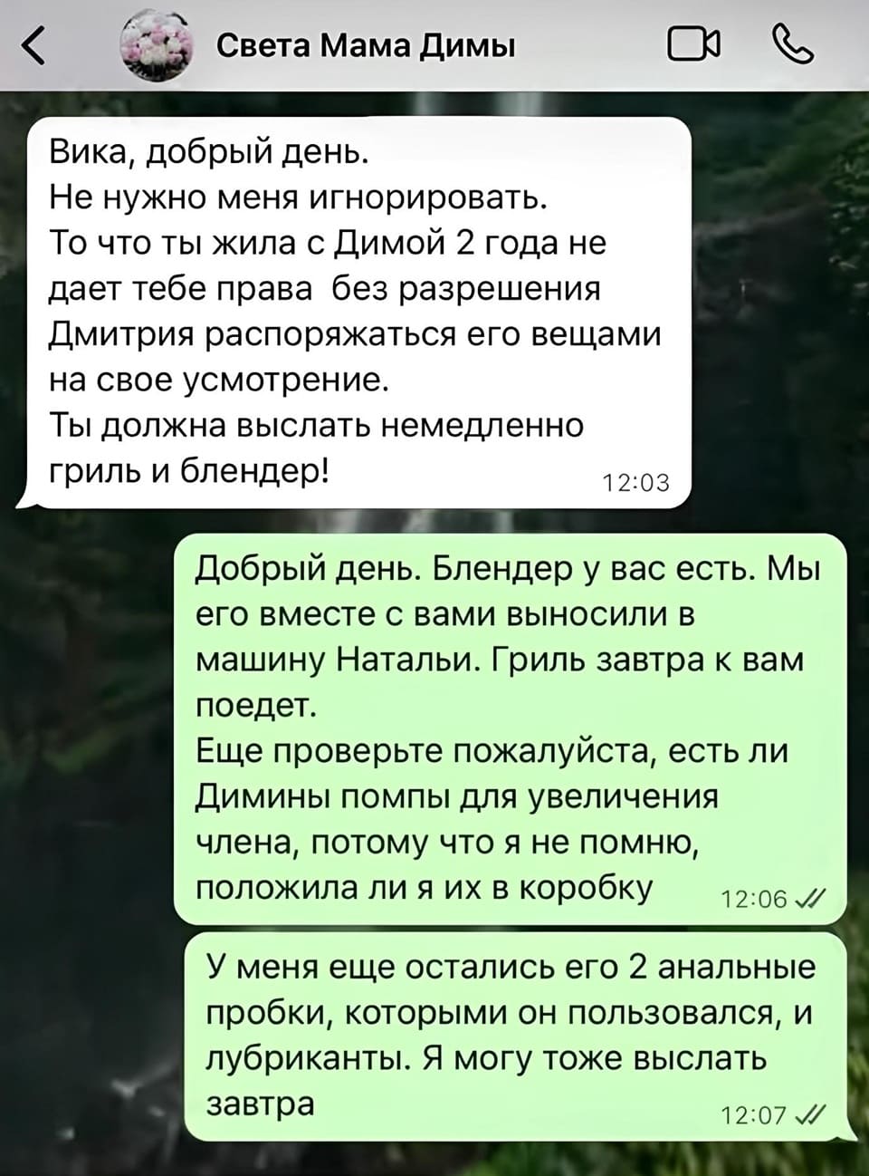 Сообщение от: «Света Мама Димы»:
– Вика, добрый день. Не нужно меня игнорировать. То что ты жила с Димой 2 года не даёт тебе права без разрешения Дмитрия распоряжаться его вещами на своё усмотрение. Ты должна выслать немедленно гриль и блендер!
– Добрый день. Блендер у вас есть. Мы его вместе с вами выносили в машину Натальи. Гриль завтра к вам поедет. Ещё проверьте пожалуйста, есть ли Димины помпы для увеличения члена, потому что я не помню, положила ли я их в коробку. У меня ещё остались его 2 анальные пробки, которыми он пользовался, и лубриканты. Я могу тоже выслать завтра.