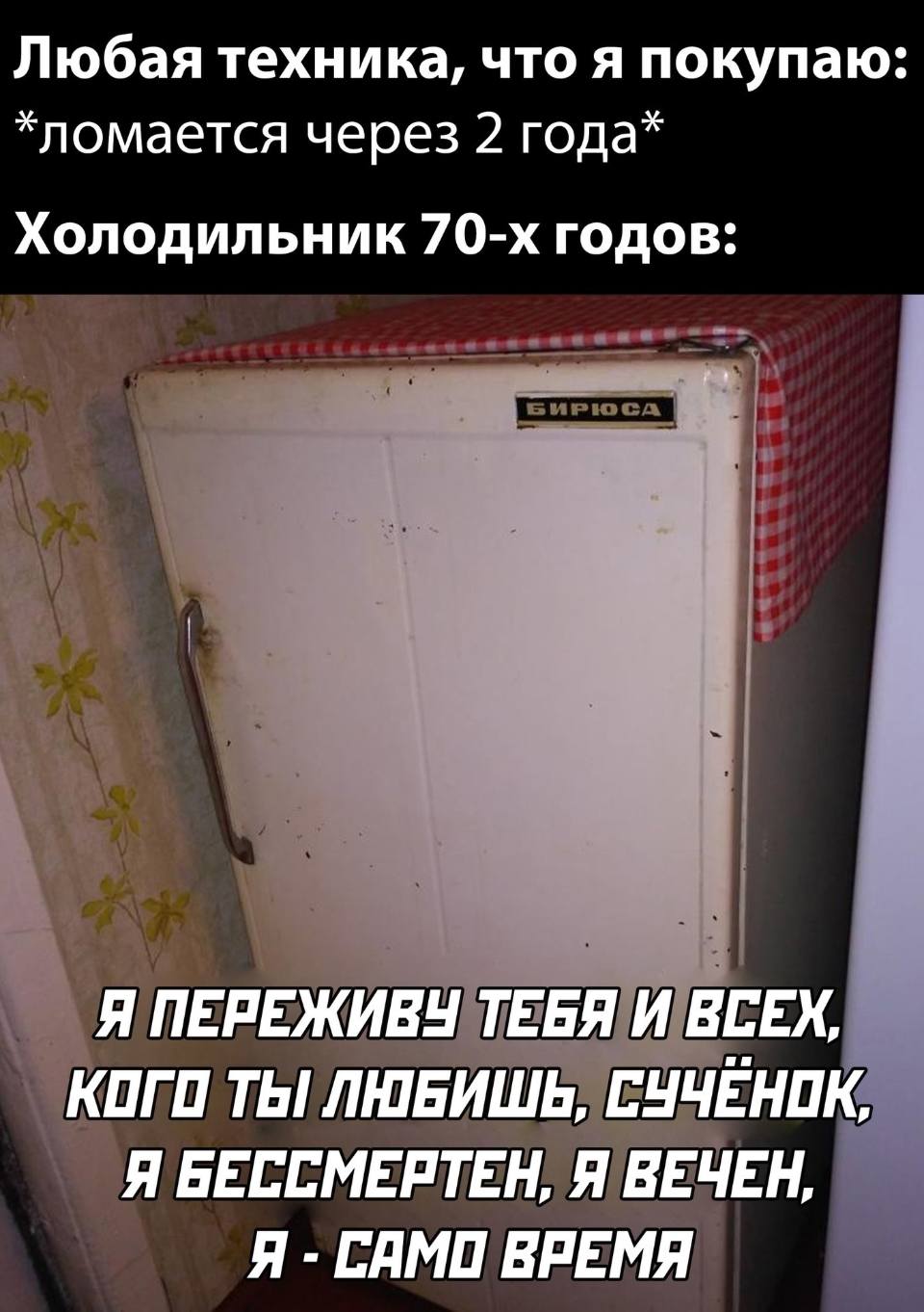 Любая техника, что я покупаю: *ломается через 2 года*
Холодильник 70-х годов:
Я БЕССМЕРТЕН! Я ВЕЧЕН, Я – САМО ВРЕМЯ!
