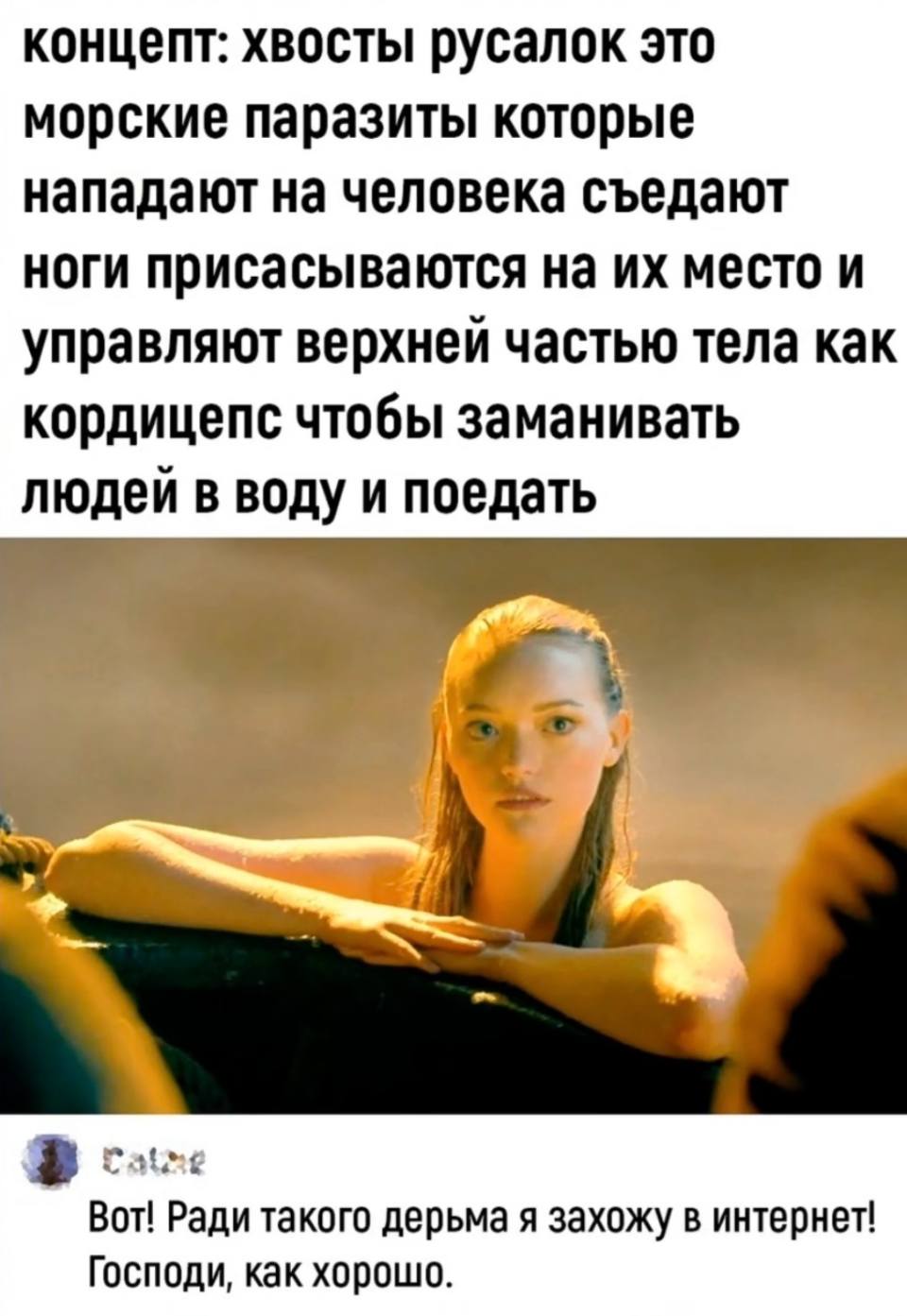 Концепт: хвосты русалок это морские паразиты которые нападают на человека съедают ноги присасываются на их место и управляют верхней частью тела как кордицепс чтобы заманивать людей в воду и поедать
– Вот! Ради такого дерьма я захожу в интернет! Господи, как хорошо.