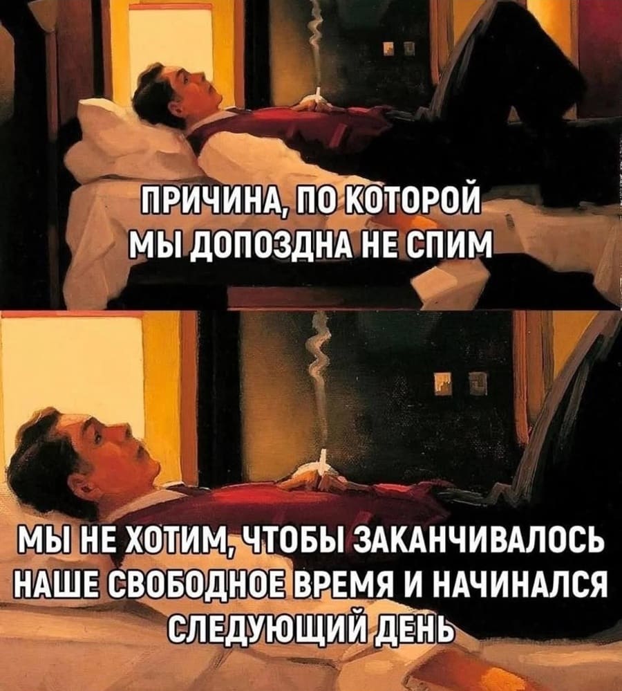 ПРИЧИНА, ПО КОТОРОЙ МЫ ДОПОЗДНА НЕ СПИМ — МЫ НЕ ХОТИМ, ЧТОБЫ ЗАКАНЧИВАЛОСЬ НАШЕ СВОБОДНОЕ ВРЕМЯ И НАЧИНАЛСЯ СЛЕДУЮЩИЙ ДЕНЬ.