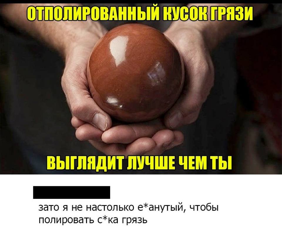 *Отполированный кусок грязи выглядит лучше чем ты*
– Зато я не настолько е*анутый, чтобы полировать с*ка грязь.