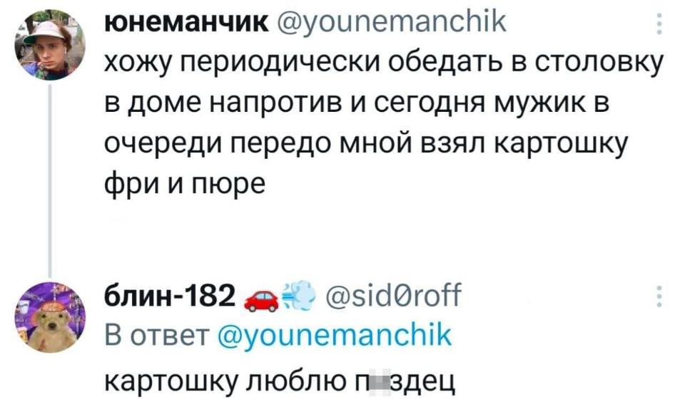 – Хожу периодически обедать в столовку в доме напротив и сегодня мужик в очереди передо мной взял картошку фри и пюре.
– Картошку люблю пздец.