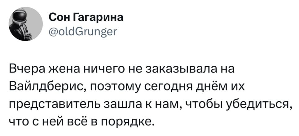 Вчера жена ничего не заказывала на Вайлдберис, поэтому сегодня днём их представитель зашла к нам, чтобы убедиться, что с ней всё в порядке.